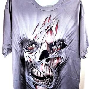 Graphic Skull T-Shirt Size 2XL Halloween 3-D Effect Double Sided Gray Black